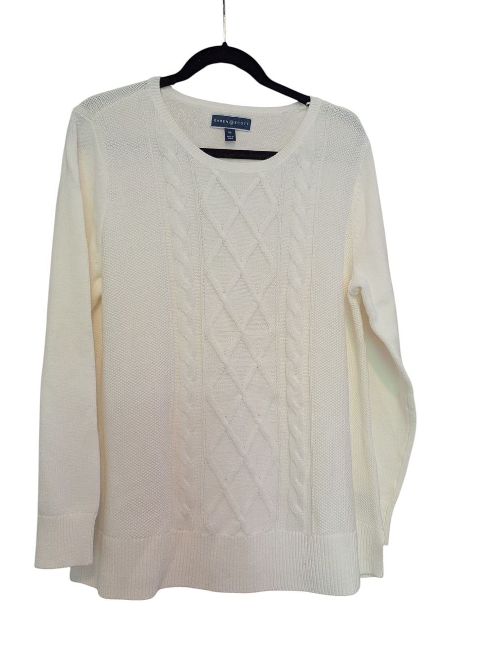 Karen Scott Cream Cable-Panel Crewneck Sweater - XL